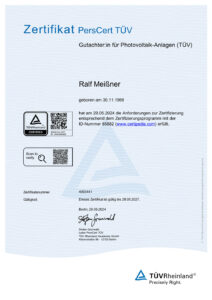 Zertifikat PersCert TÜV Gutachter für Photovoltaikanlagen